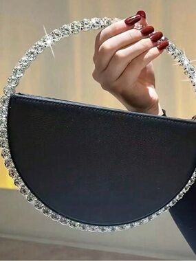Elegant Black Half-Moon Crystal Handle Women’s Handbag